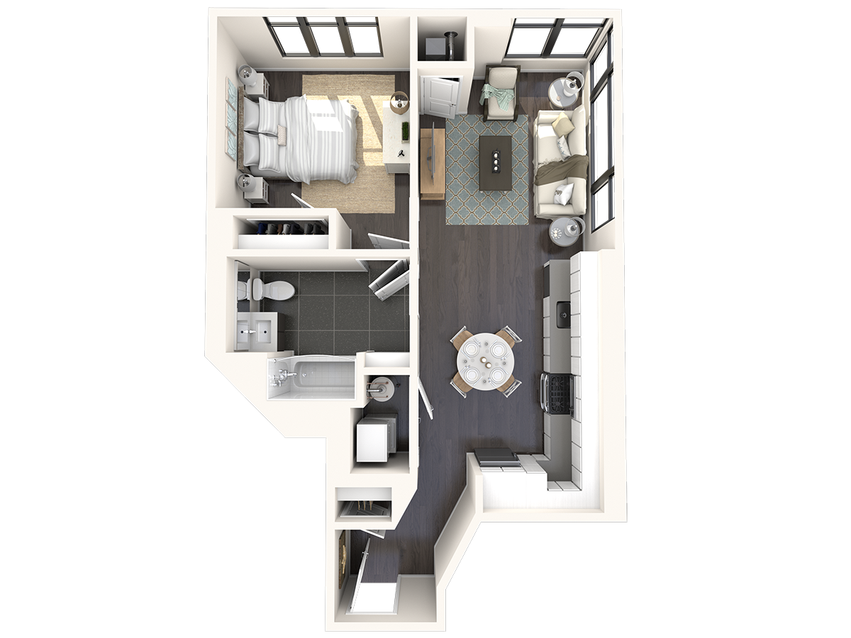 Floor plan for 1 bed, 1 bath, 703 sqft